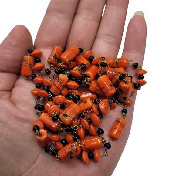 Vintage 30's Art Deco Orange Black Art Glass Chain Linked Flapper Necklace - Picture 2 of 12